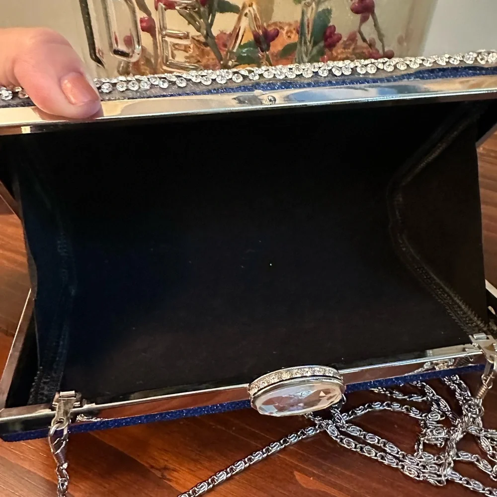 Elegant Blue Clutch with Rhinestone Accents and Chain Shoulder Strap DAMAGED